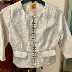 LIKE NEW RUBY RD White Textured Women's Jacket 3/4 sleeves studded front SZ 8P